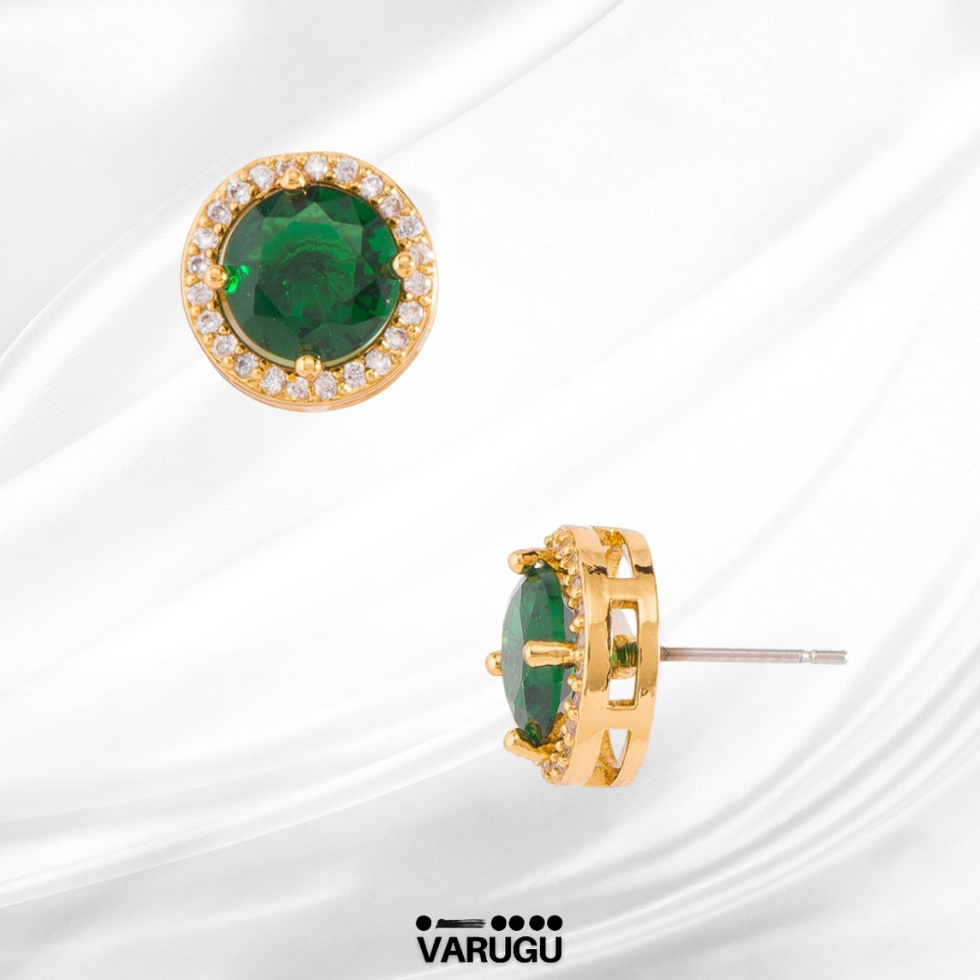 Aretes baño de oro con piedra verde