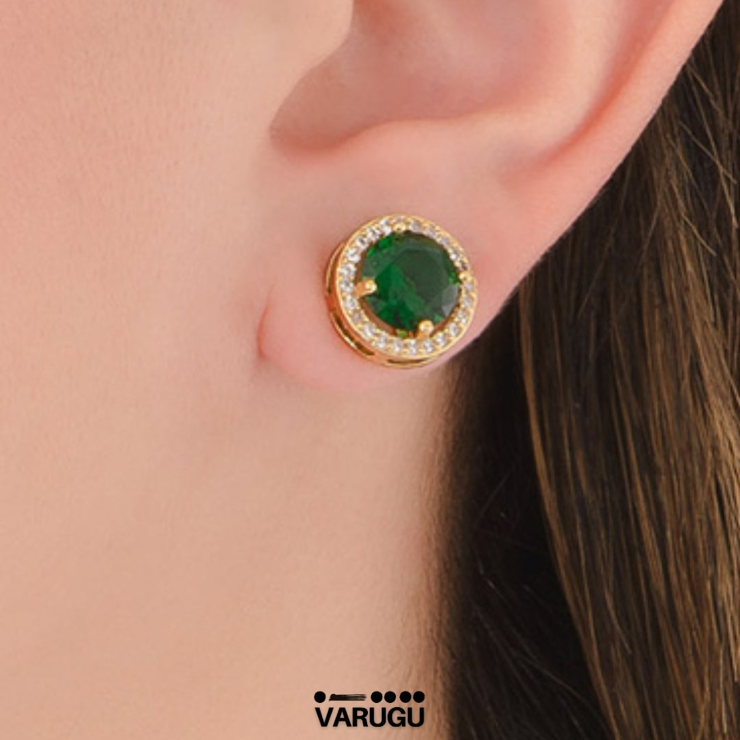 Aretes baño de oro con piedra verde